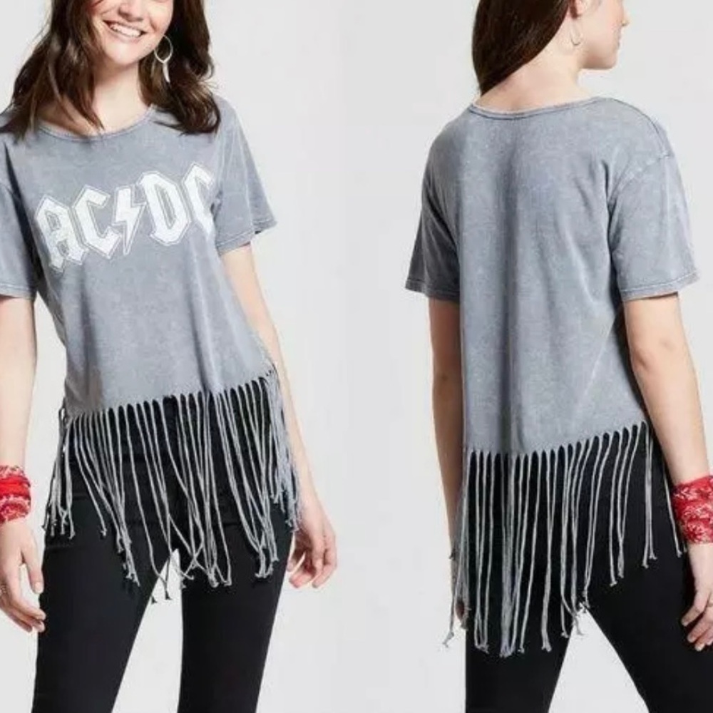 AC/DC Grey Stonewash Graphic Crop Fringe Tee